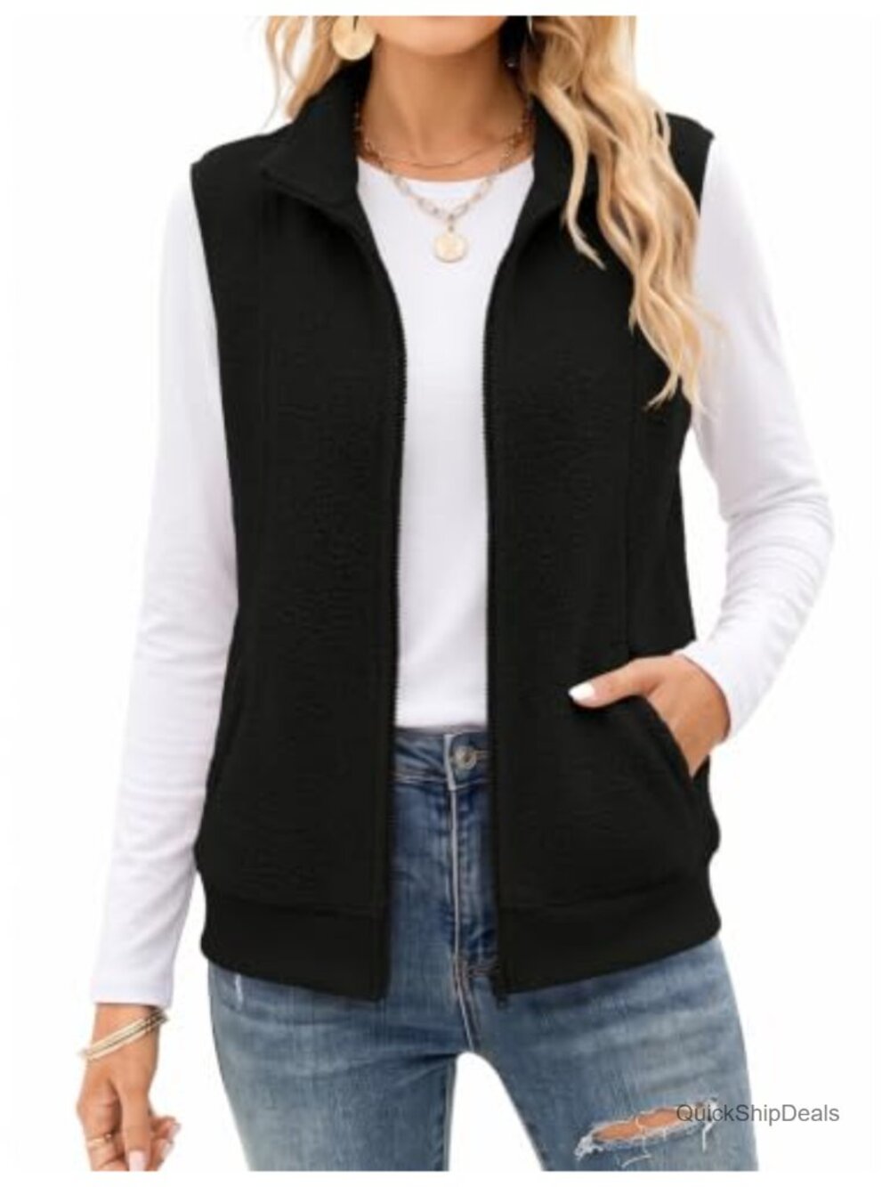 Womens Sherpa Fleece Zip Vest Warm Sleeveless Pockets